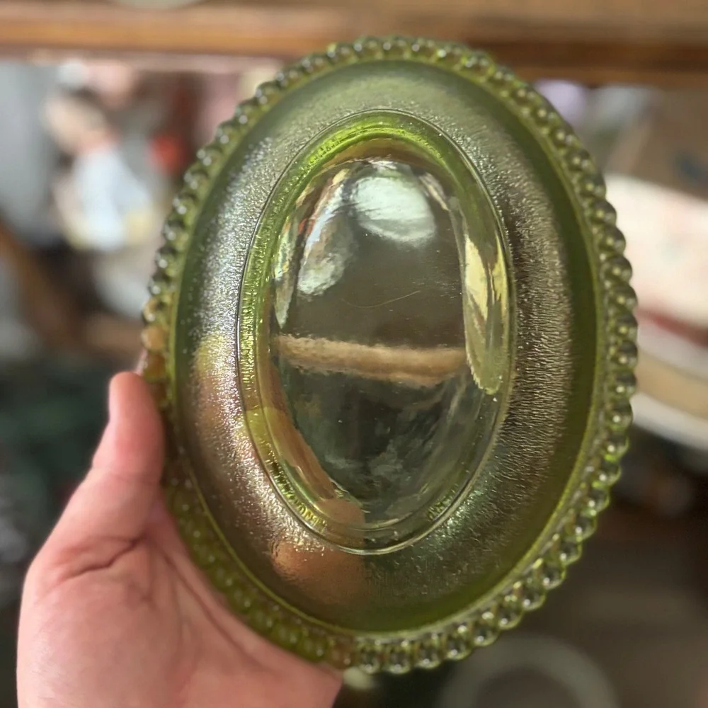 Vintage Olive Green Glass Hen on Nest Covered Dish Beaded Rim Cottage Core Hen